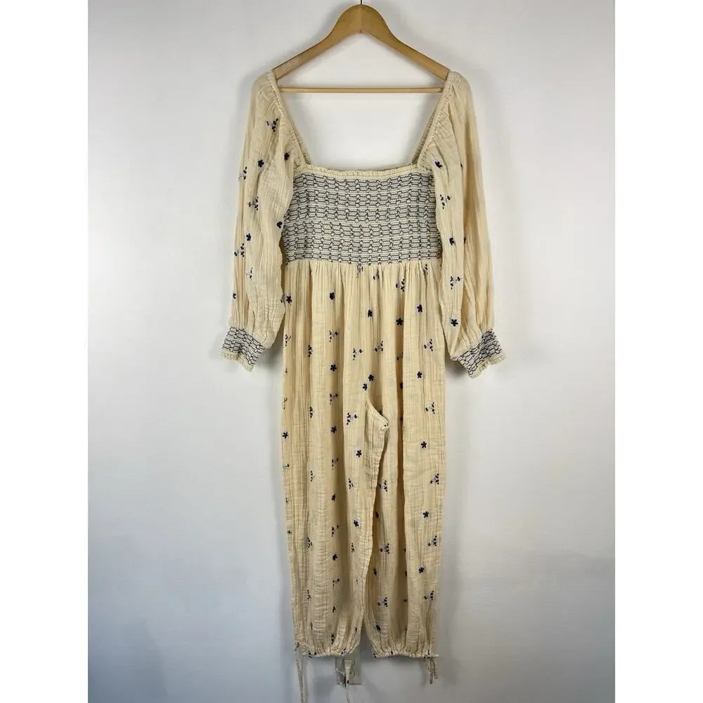 FREE PEOPLE Dahlia Embroidered Jumpsuit Women's Medium Washed Out Cream Gauze
